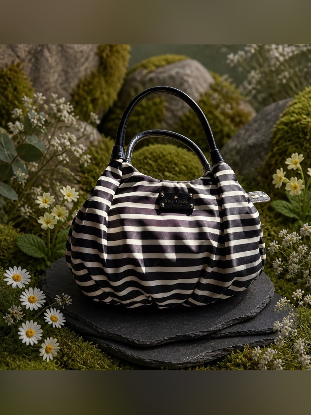 kate spade Black and White Striped Satchel with Top Handles